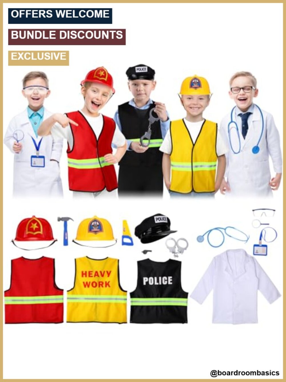 Kids Dress Up Costume Set 4 Roles Police Doctor Fireman Worker